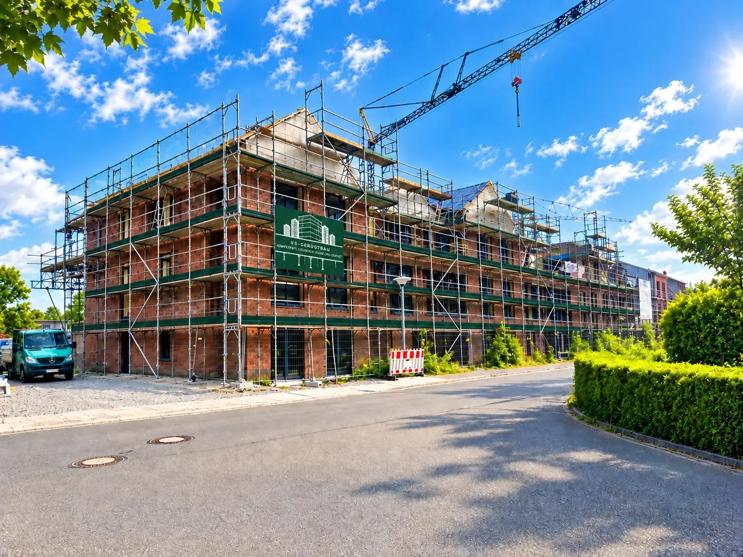 Mehrgeschossiger Neubau mit umlaufendem Fassadengerüst und Baukran unter blauem Himmel
